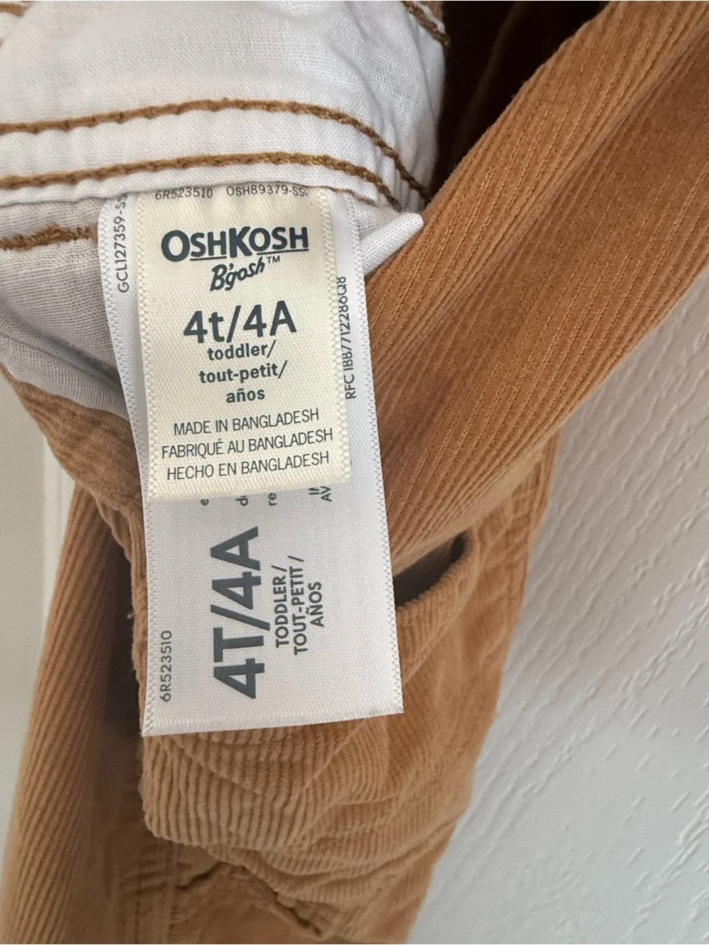 OshKosh B'gosh Toddler Corduroy Overalls in Brown, 4T
